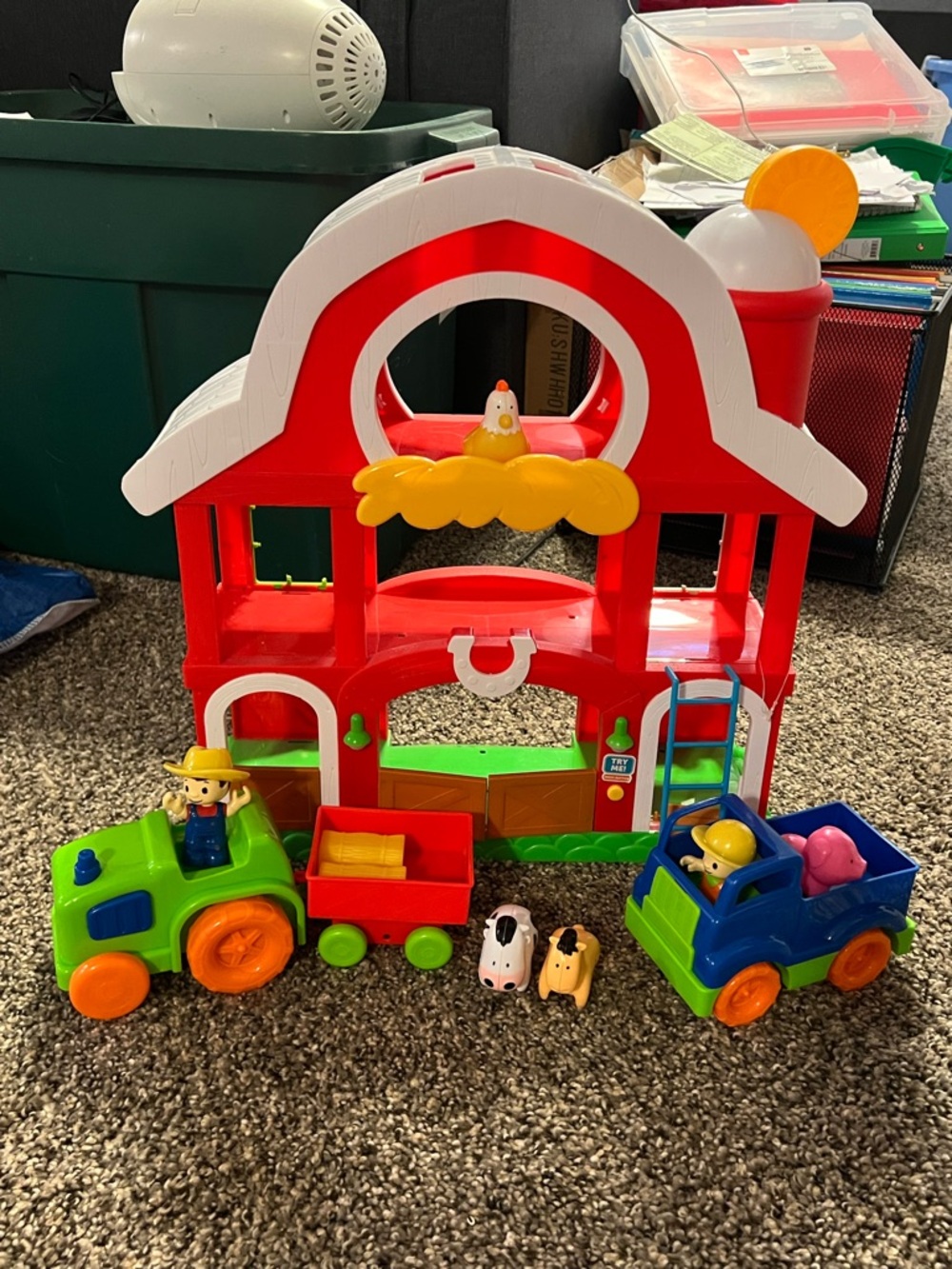 Red Kids Farm Playset with Green & Blue Vehicles by